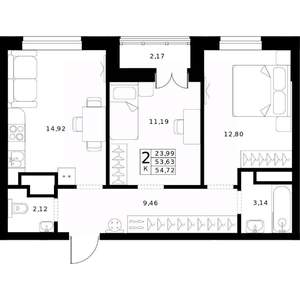 2-к квартира, строящийся дом, 55м2, 24/24 этаж