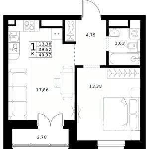 1-к квартира, строящийся дом, 41м2, 21/24 этаж