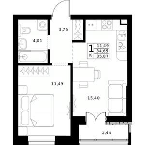 1-к квартира, строящийся дом, 36м2, 2/24 этаж
