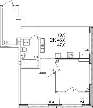 2-к квартира, вторичка, 47м2, 8/25 этаж