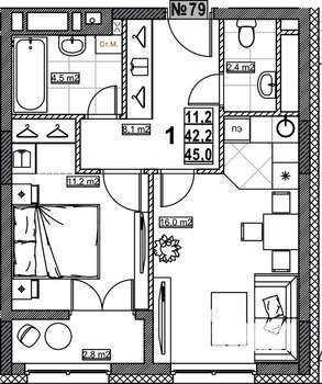1-к квартира, вторичка, 45м2, 9/24 этаж