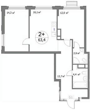 2-к квартира, строящийся дом, 64м2, 3/22 этаж