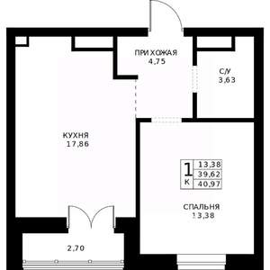 1-к квартира, строящийся дом, 41м2, 19/24 этаж