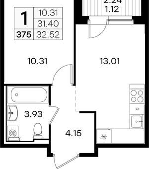 1-к квартира, вторичка, 33м2, 1/9 этаж