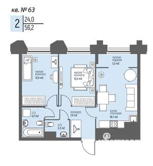 2-к квартира, вторичка, 56м2, 5/25 этаж