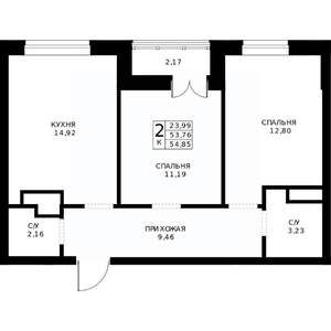 2-к квартира, строящийся дом, 55м2, 20/24 этаж