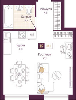 1-к квартира, вторичка, 34м2, 11/19 этаж