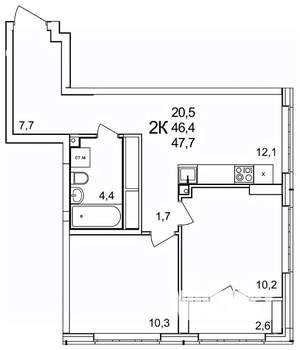 2-к квартира, строящийся дом, 48м2, 24/25 этаж