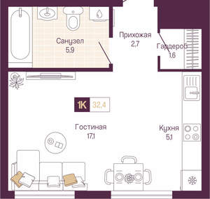 Студия квартира, вторичка, 32м2, 11/19 этаж