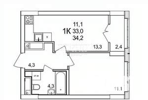 1-к квартира, вторичка, 34м2, 13/25 этаж