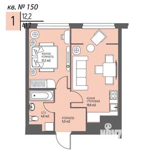 1-к квартира, вторичка, 42м2, 14/25 этаж
