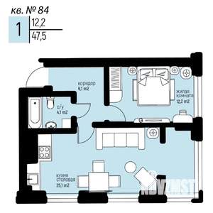 1-к квартира, вторичка, 48м2, 7/25 этаж