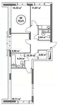 3-к квартира, вторичка, 75м2, 14/22 этаж