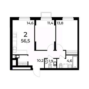 2-к квартира, вторичка, 57м2, 4/15 этаж