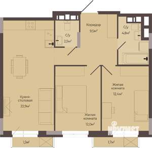 2-к квартира, строящийся дом, 65м2, 7/8 этаж