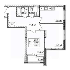 2-к квартира, строящийся дом, 53м2, 25/25 этаж