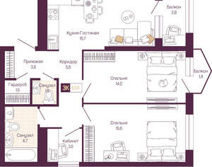 2-к квартира, вторичка, 67м2, 13/19 этаж
