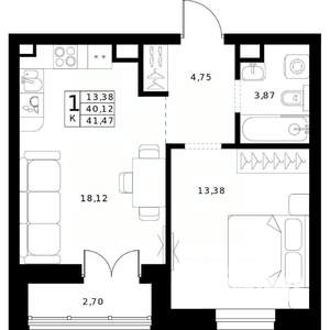 1-к квартира, строящийся дом, 41м2, 6/24 этаж