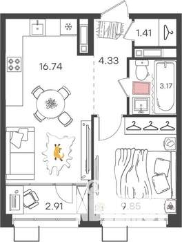 1-к квартира, вторичка, 38м2, 3/17 этаж