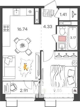 1-к квартира, вторичка, 38м2, 2/17 этаж
