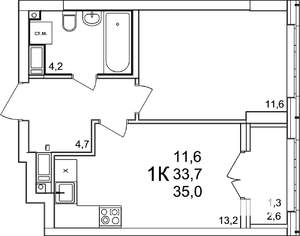 1-к квартира, вторичка, 35м2, 13/25 этаж