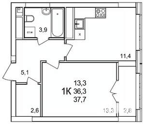 1-к квартира, строящийся дом, 38м2, 22/25 этаж