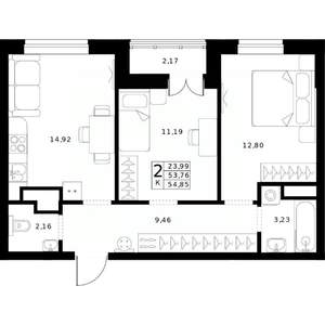 2-к квартира, строящийся дом, 55м2, 21/24 этаж