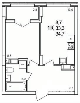 1-к квартира, вторичка, 35м2, 16/19 этаж