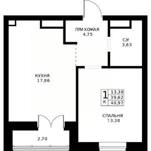 1-к квартира, строящийся дом, 41м2, 23/24 этаж