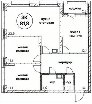 3-к квартира, вторичка, 82м2, 8/13 этаж