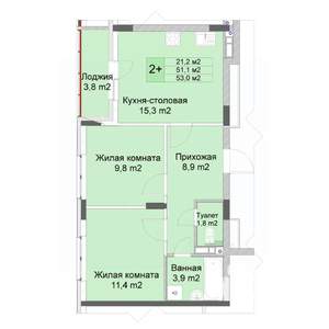2-к квартира, строящийся дом, 53м2, 4/10 этаж