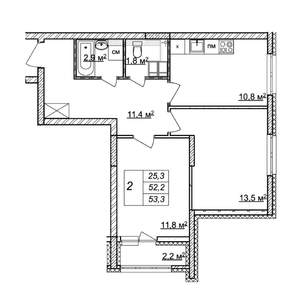 2-к квартира, строящийся дом, 53м2, 9/25 этаж