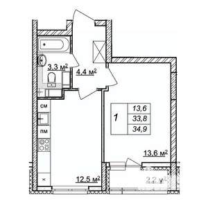 1-к квартира, строящийся дом, 35м2, 18/25 этаж