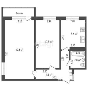 2-к квартира, вторичка, 43м2, 5/5 этаж
