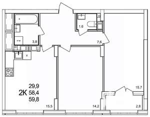 2-к квартира, вторичка, 60м2, 13/19 этаж