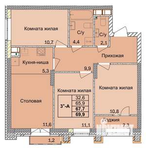 3-к квартира, строящийся дом, 68м2, 14/18 этаж