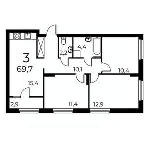 3-к квартира, сданный дом, 68м2, 1/19 этаж