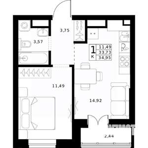 1-к квартира, строящийся дом, 35м2, 15/24 этаж