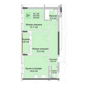 2-к квартира, строящийся дом, 55м2, 7/10 этаж