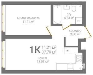 1-к квартира, вторичка, 38м2, 2/25 этаж