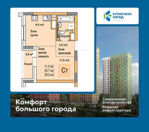 Студия квартира, вторичка, 28м2, 11/25 этаж