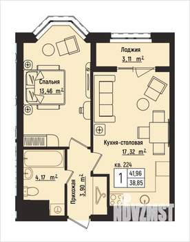 1-к квартира, вторичка, 42м2, 13/15 этаж