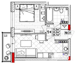 1-к квартира, вторичка, 34м2, 4/4 этаж