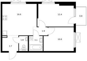 2-к квартира, вторичка, 51м2, 12/15 этаж
