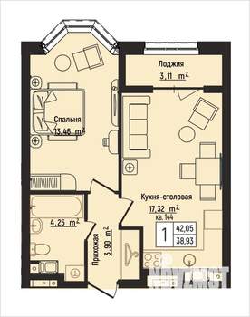1-к квартира, вторичка, 42м2, 3/15 этаж