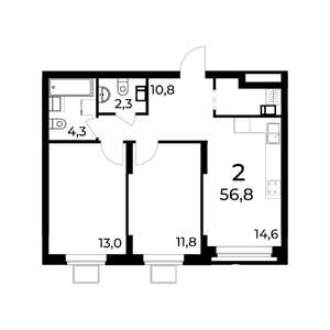 2-к квартира, вторичка, 57м2, 4/15 этаж