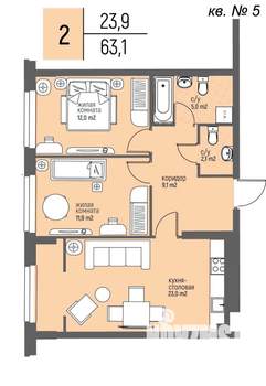 2-к квартира, вторичка, 63м2, 1/25 этаж