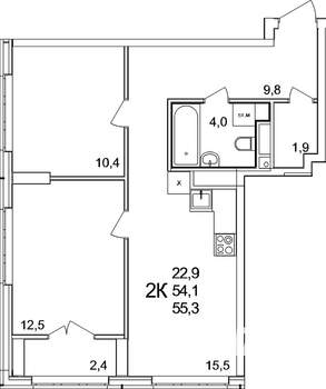 2-к квартира, вторичка, 55м2, 11/25 этаж