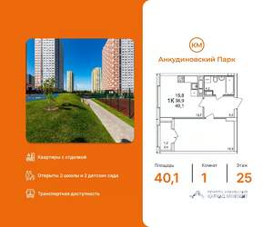 1-к квартира, вторичка, 40м2, 25/25 этаж