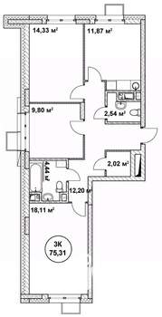 3-к квартира, строящийся дом, 75м2, 12/22 этаж